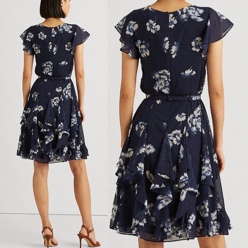 Lauren Ralph Lauren Flutter Sleeve ruffle Dress size 10 or 14 navy multi - Picture 2 of 7